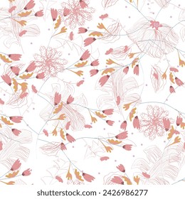 Seamless vector pattern with wild flowers on colorful background. Simple scandinavian style. Vector illustration. Rustic, scarf, style pattern design. Fabric and textile. 