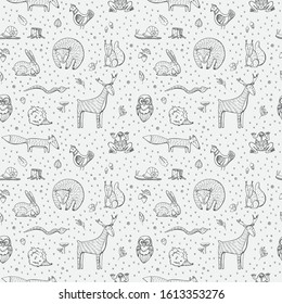Seamless vector pattern  with wild forest animals on white background.Doodle style.The gray outlines.