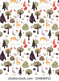 Seamless vector pattern with wild forest animals and trees