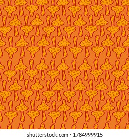 Seamless vector pattern with wild mushrooms. Inedible mushrooms. Decorative toadstool. Stylized illustration. Halloween, an autumn holiday. Yellow drawings on an orange background.