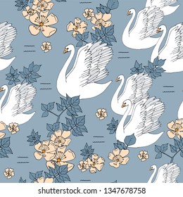 Seamless vector pattern with wild swans and water lilies