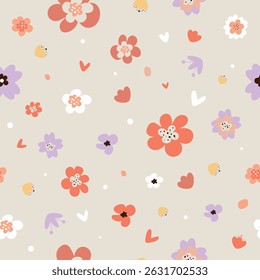 Padrão de vetor sem emenda com botões de flores silvestres no fundo claro - Design floral delicado para projetos infantis, decoração sazonal, embalagem de férias e marca comercial inspirada na natureza