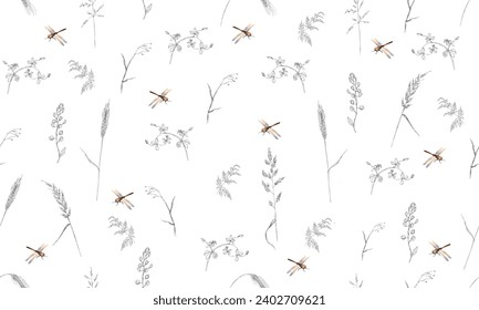 Patrón vectorial sin cable. Flores silvestres y hierbas, una libélula sobre un fondo blanco. Un dibujo a mano. Se puede usar para crear papel tapiz, tejidos, empaque.