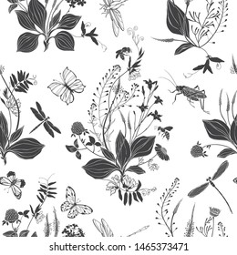 Seamless vector pattern with wildflowers and insects on a white background. Grass mouse peas with flowers, plantain and shepherd's purse, bluebell, chamomile, clover, dragonfly and grasshopper. Silhouet