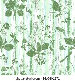 Seamless vector pattern with wildflowers and insects on texture background. Grass mouse peas with flowers, plantain and shepherd's purse, bluebell, chamomile, clover, dragonfly and grasshopper.