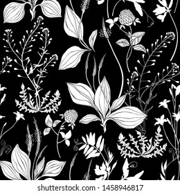 Seamless vector pattern with wildflowers on a black background. Grass mouse peas with flowers, plantain and shepherd's purse, bluebell, clover.Silhouettes.