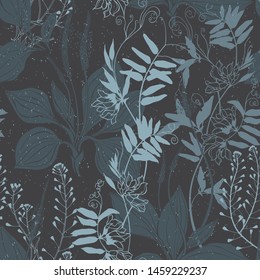 Seamless vector pattern with wildflowers on a black background. Grass mouse peas with flowers, plantain and shepherd's purse.Silhouettes and line art.