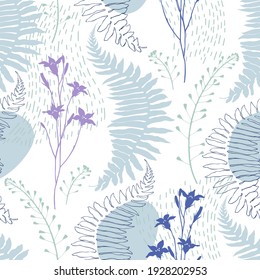 Seamless vector pattern with wildflowers on a white background. Fern, bluebells and shepherd's purse. Silhouettes and line art.