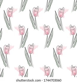 
Seamless vector pattern of Wildflowers, tulips with watercolor brush strokes. For paper, cover, fabric, gift wrapping, wall art, interior decoration. Simple image surface design