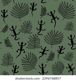 Seamless vector pattern of wildlife, black lizards and leaves on a green background.