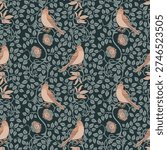 Seamless vector pattern in William Morris style with birds and flowers. Victorian British design inspired by the Arts and Crafts movement, classic ornamental repeat for textiles and wallpaper.