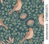 Seamless vector pattern in William Morris style with birds and flowers. Victorian British design inspired by the Arts and Crafts movement, classic ornamental repeat for textiles and wallpaper.