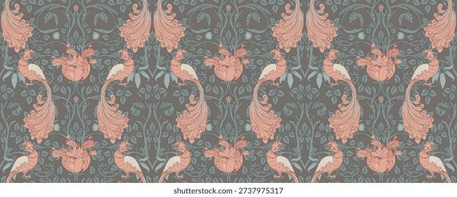 Seamless vector pattern in William Morris style with birds, flowers, and foliage. Victorian British design inspired by the Arts and Crafts movement, classic art for textiles and wallpaper.