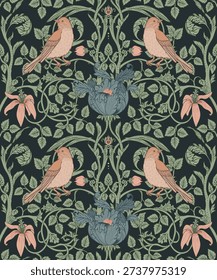 Seamless vector pattern in William Morris style with birds and flowers. Victorian British design inspired by the Arts and Crafts movement, classic ornamental repeat for textiles and wallpaper.