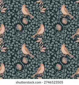 Seamless vector pattern in William Morris style with birds and flowers. Victorian British design inspired by the Arts and Crafts movement, classic ornamental repeat for textiles and wallpaper.