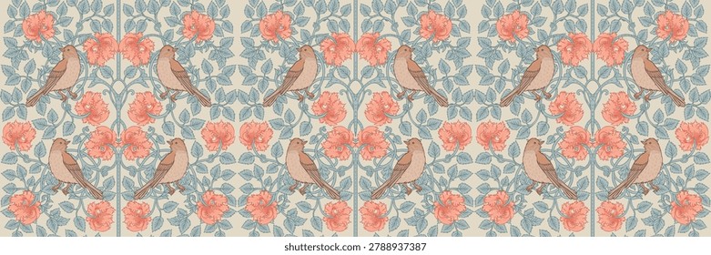Seamless vector pattern in William Morris style with birds, flowers, and foliage. Victorian British design inspired by the Arts and Crafts movement, classic art for textiles and wallpaper.