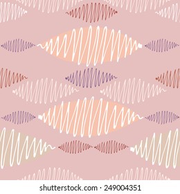 Seamless vector pattern. Winding thin crisp colorful strokes are staggered. Coral background and pastel range.