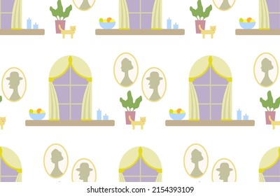 Seamless vector pattern with windows, portraits, indoor plants in pots and cat. Cute decorative interior illustration. Pattern for print. 