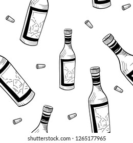 seamless vector pattern, wine bottles and glasses sketch, hand drawn, isolated on white background