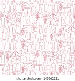 Seamless vector pattern with wine bottles glasses & grapes