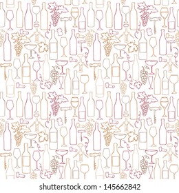 Seamless vector pattern with wine bottles glasses & grapes