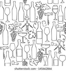 Seamless vector pattern with wine bottles glasses & grapes