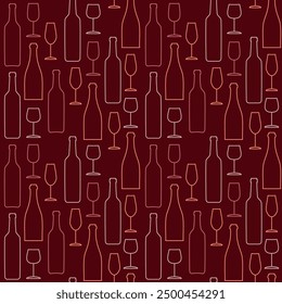 Seamless vector pattern of wine glasses and bottles outlines on dark red background, design for textile printing, wallpaper, wrapping paper.