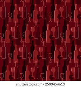 Seamless vector pattern of wine glasses and bottles on dark red background, design for textile printing, wallpaper, wrapping paper.