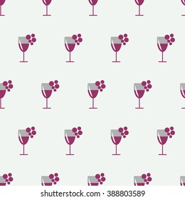 Seamless vector pattern with wineglasses with red wine and bunches of grape on the grey background. Series of Food and Drink Seamless Patterns.