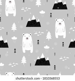 Seamless vector pattern Winter background with white bear and mountains Hand drawn design in cartoon style