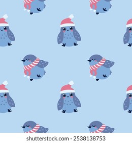 Seamless vector pattern with winter birds in santa hats in pastel colors