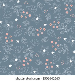 Seamless vector pattern with winter flowers and stars on light blue background. Beautiful floral wallpaper design for Christmas. Festive fashion textile.