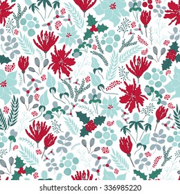 Seamless vector pattern with winter flowers, leaves and berries. Floral background in blue and red colors. Can be used for wallpaper, pattern fills, surface textures, scrapbooking, fabric prints. 