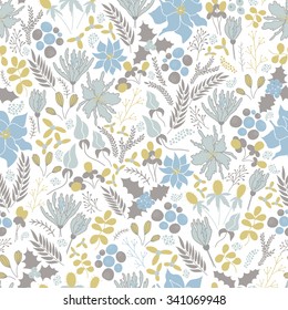 Seamless vector pattern with winter flowers, leaves and berries. Floral background, part of Christmas collection. Can be used for wallpaper, pattern fills, scrapbooking, fabric prints. 
