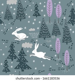 Seamless vector pattern with winter forest and hares. Two hares run in the forest. Winter forest with fir trees and footprints in the snow.