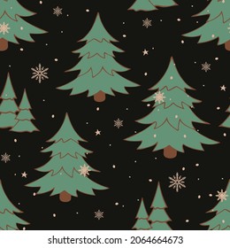 Seamless vector pattern with winter forest on black background. Festive landscape wallpaper design. Decorative Christmas fashion textile.