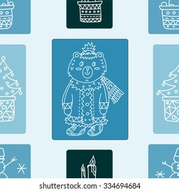 Seamless vector pattern. Winter holiday design. sketch drawing. simple graphical ornament in style of childish doodles: bear, Christmas tree, candles, snowman. white outline. Shades of blue