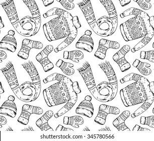 Seamless vector pattern with winter holiday elements. Warm clothes, hat, sleigh, scarf, sweater. Endless Christmas background.