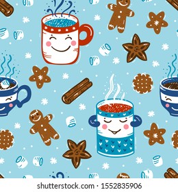 Seamless Vector Pattern of Winter Hot Drinks and Sweets. Cozy Cute Mugs  with Beverages Mulled Wine, Coffee or Tea, Cocoa and Gingerbread Cookies, Marshmallow. Winter Holidays, Christmas and New Year