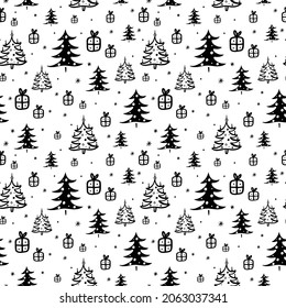 seamless vector pattern with winter illustrations of fir trees and gifts, christmas background on light background