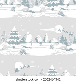 Seamless vector pattern with winter landscape on beige background. Simple Christmas wallpaper design. Decorative ice skating fashion textile.