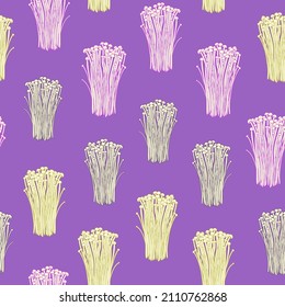 Seamless vector pattern with winter mushrooms on purple background. Forest edible fungi. Liquid culture.