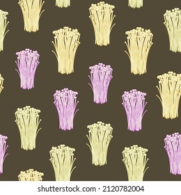 Seamless vector pattern with winter mushrooms on brown background. Forest edible fungi. Liquid culture.