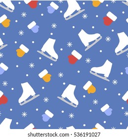 Seamless vector pattern. Winter skates and colored mittens pattern on the blue snowflakes background.