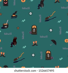 Seamless vector pattern with witch cat and halloween attributes.
