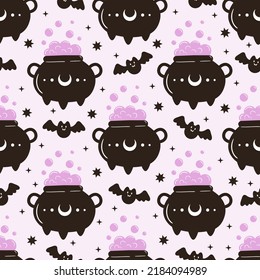 Seamless Vector Pattern With Witch Cauldron And Bats. Halloween Background With Magic Elements. Spooky Doodle Texture For Design And Print