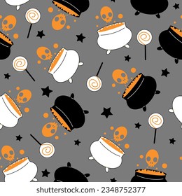 Seamless vector pattern with witch cauldron . Halloween background with magic elements. Holiday spooky pattern for gift paper, cards, wallpaper, decoration