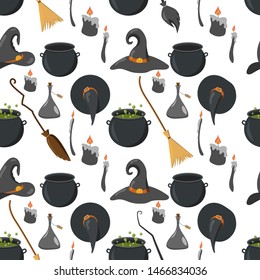 Seamless vector pattern with witch elements. Witch hats, brooms, cauldrons and candles. Hand drawn Halloween illustration.