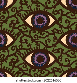 Seamless vector pattern with witch eye on green background. Gothic nightmare wallpaper design. Decorative scary repeat eye fashion textile.