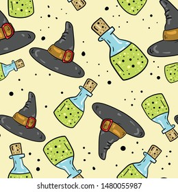 Seamless vector pattern with witch hat and potion in bottle on beige background. Wallpaper, fabric and textile ideas. Wrapping paper pattern. Cute design. Halloween set.